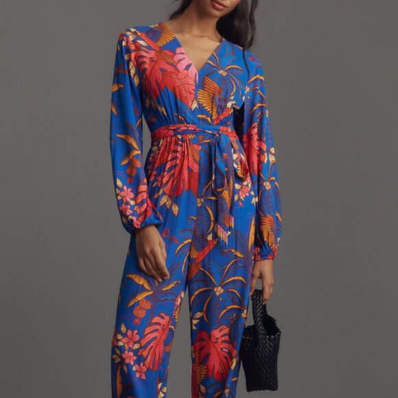 FARM Rio Pants - NWT FARM Rio Blue Tropical Floral Motif Jumpsuit/Pantsuit NWT Size Medium